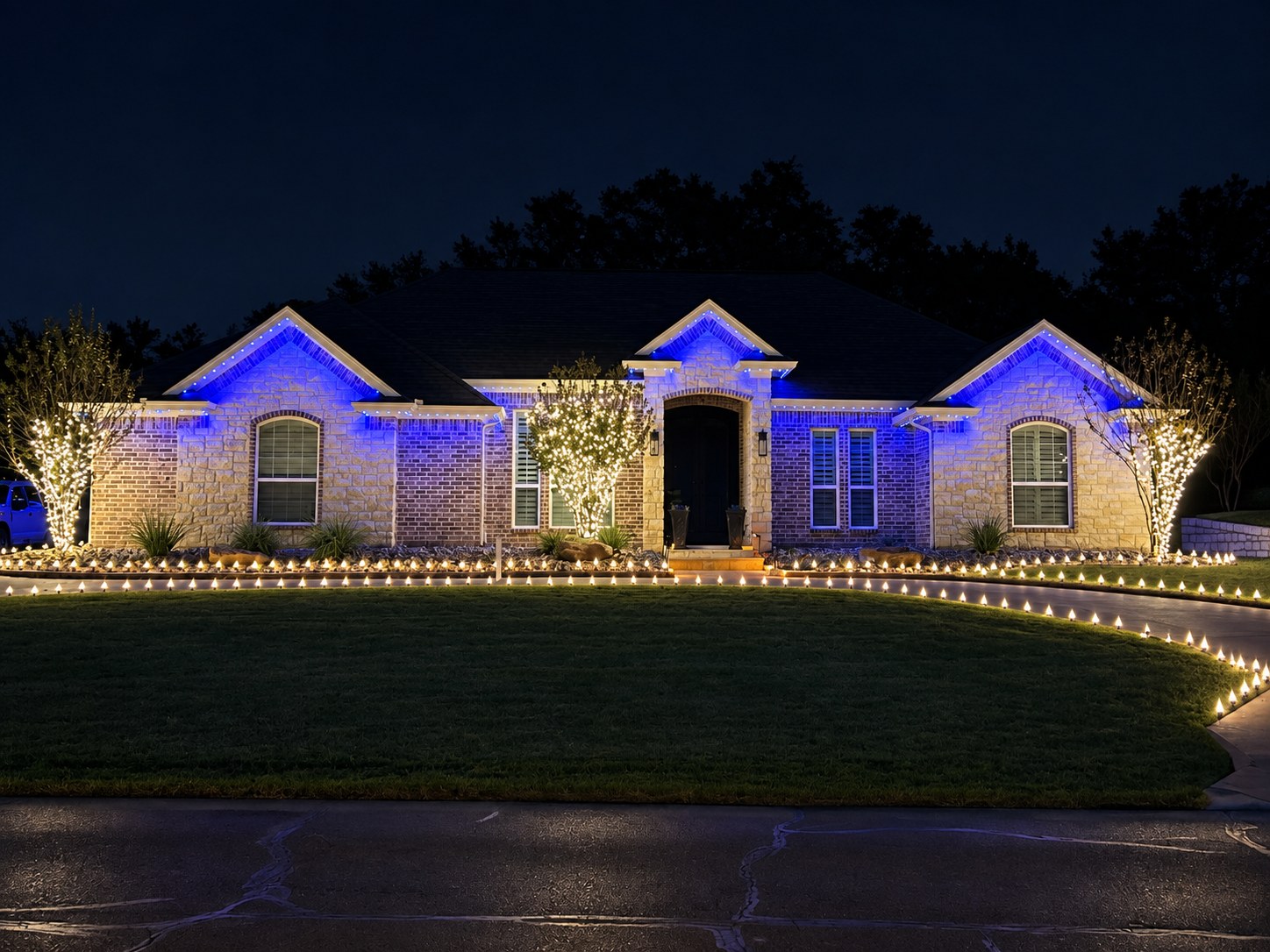 Blue and white holiday lighting with wrapped trees and lights along a curved driveway