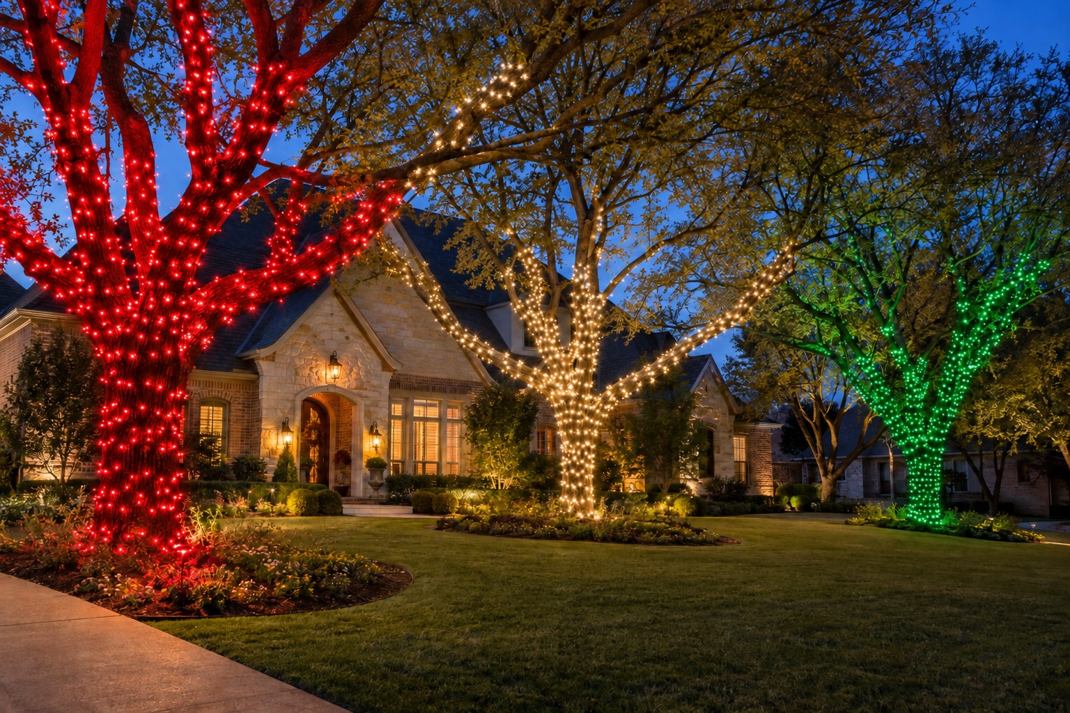 Christmas lighting design concept with red, green and warm white lights wrapping mature trees