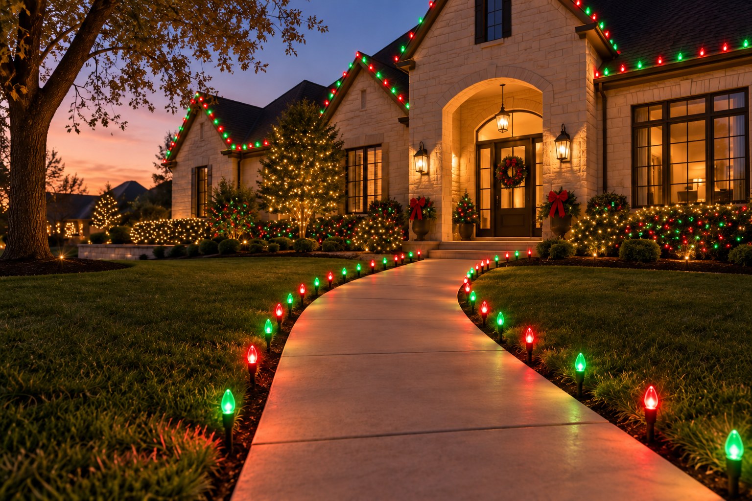 Christmas lighting design concept with a sidewalk lined in red and green lights