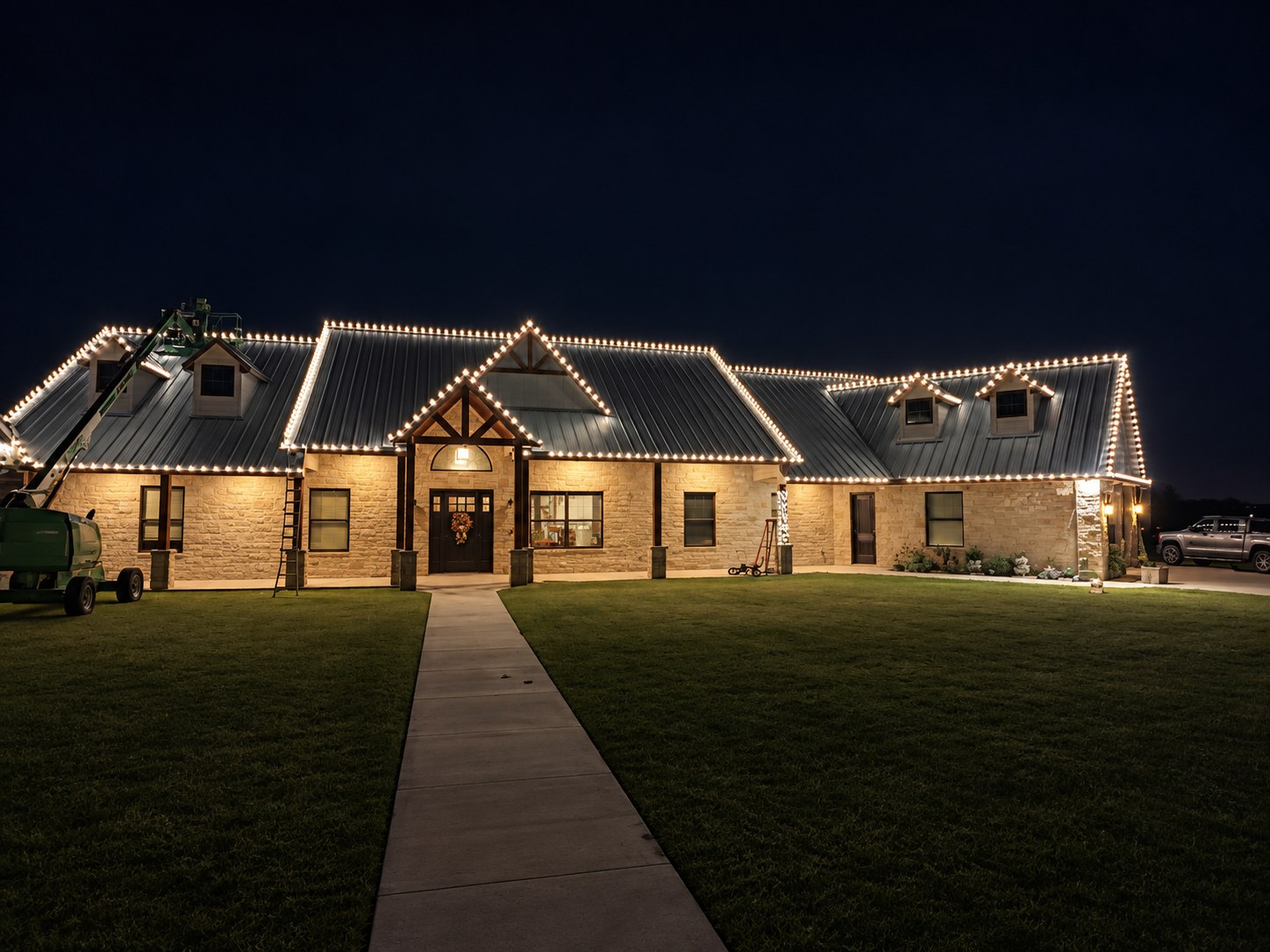 Christmas roofline lighting on a home with a metal roof