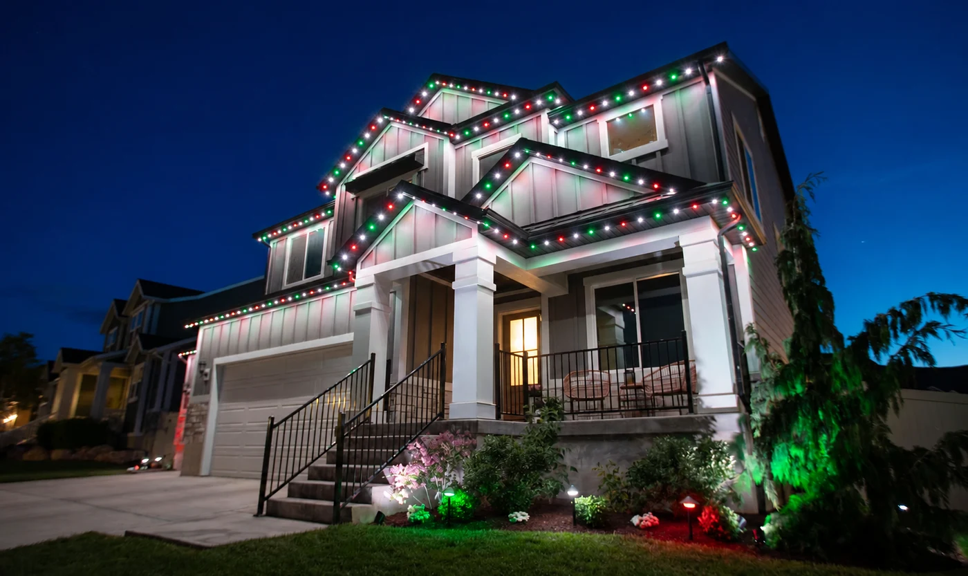 permanent Christmas lights set to holiday colors