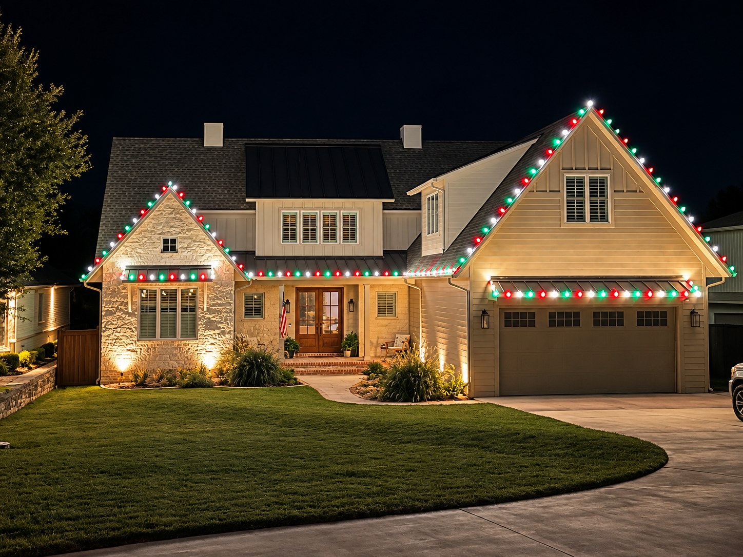 Red green and white Christmas roofline lights on a home