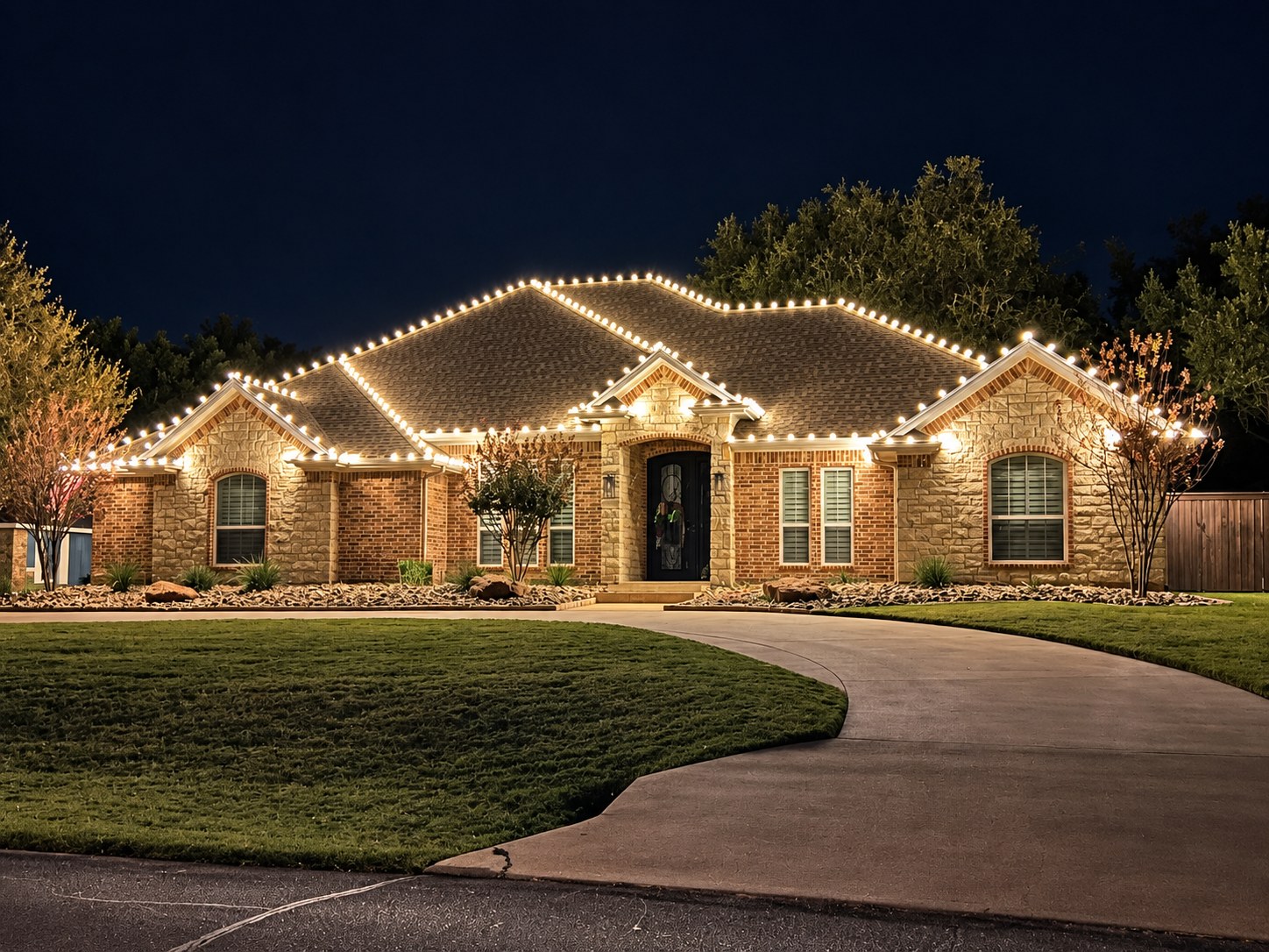 Brick and stone home outlined in white Christmas lights
